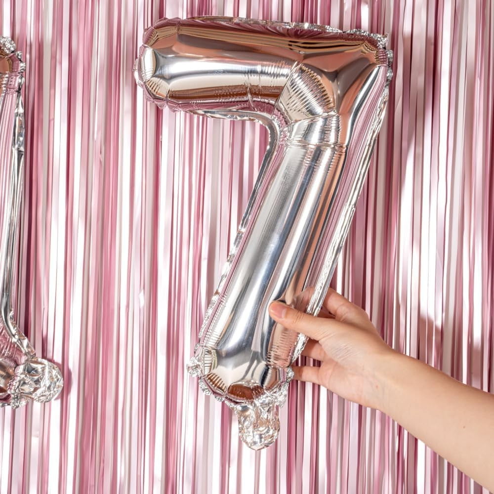 Balon Aniversar Cifra 7, Figurina din Folie Metalizata, Umflare Aer sau Heliu, include Pai Umflare, Argintiu, 40 cm