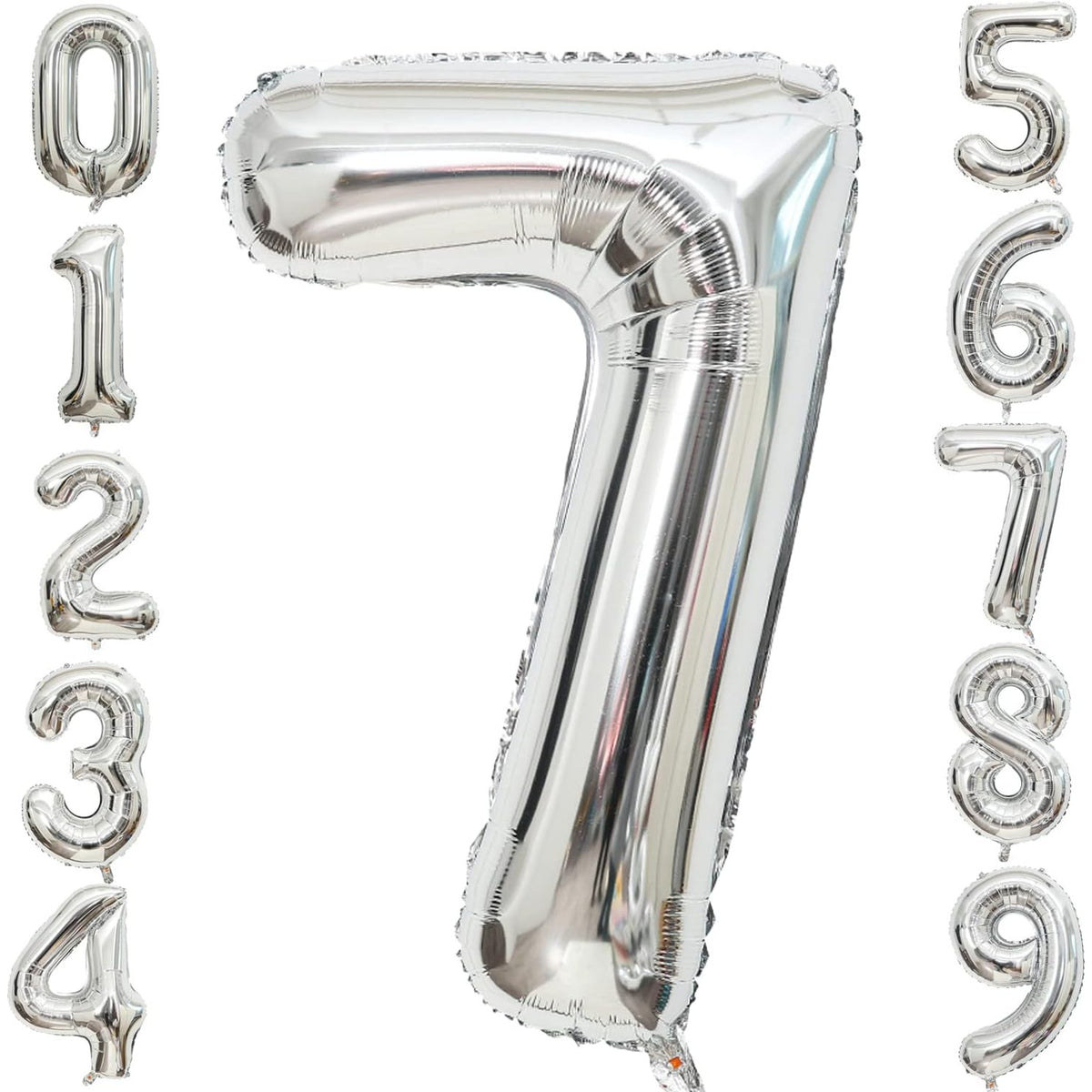 Balon Aniversar Cifra 7, Figurina din Folie Metalizata, Umflare Aer sau Heliu, include Pai Umflare, Argintiu, 40 cm