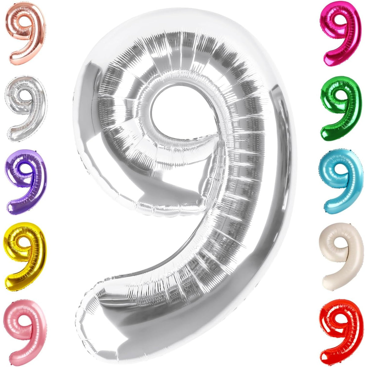Balon Aniversar Cifra 9, Figurina din Folie Metalizata, Umflare cu Aer sau Heliu, Include Pai pentru Umflare, Argintiu, 40 cm