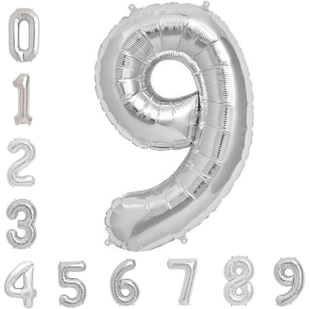 Balon Aniversar Cifra 9, Figurina din Folie Metalizata, Umflare cu Aer sau Heliu, Include Pai pentru Umflare, Argintiu, 40 cm