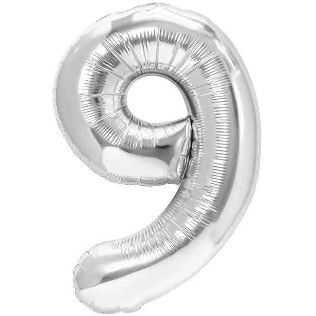 Balon Aniversar Cifra 9, Figurina din Folie Metalizata, Umflare cu Aer sau Heliu, Include Pai pentru Umflare, Argintiu, 40 cm