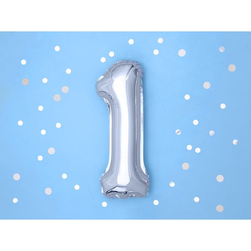 Balon Aniversar Cifra 1, Figurina din Folie Metalizata, Umflare Aer sau Heliu, include Pai, Argintiu, 40 cm