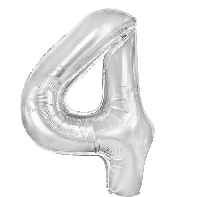 Balon Aniversar Cifra 4, Figurina din Folie Metalizata, Umflare Aer sau Heliu, Pai Inclus, 40 cm, Argintiu