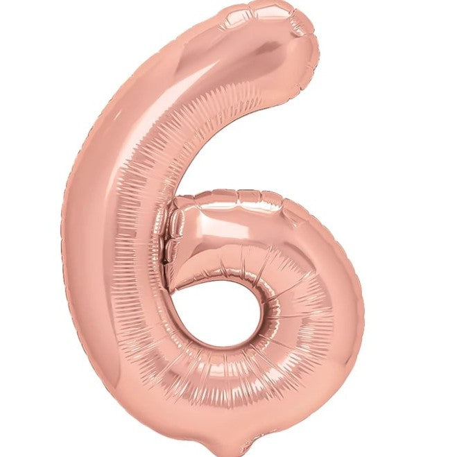 Balon Aniversar Cifra 6, Figurina din Folie Metalizata, Umflare Aer sau Heliu, include Pai, Roz Gold, 40 cm