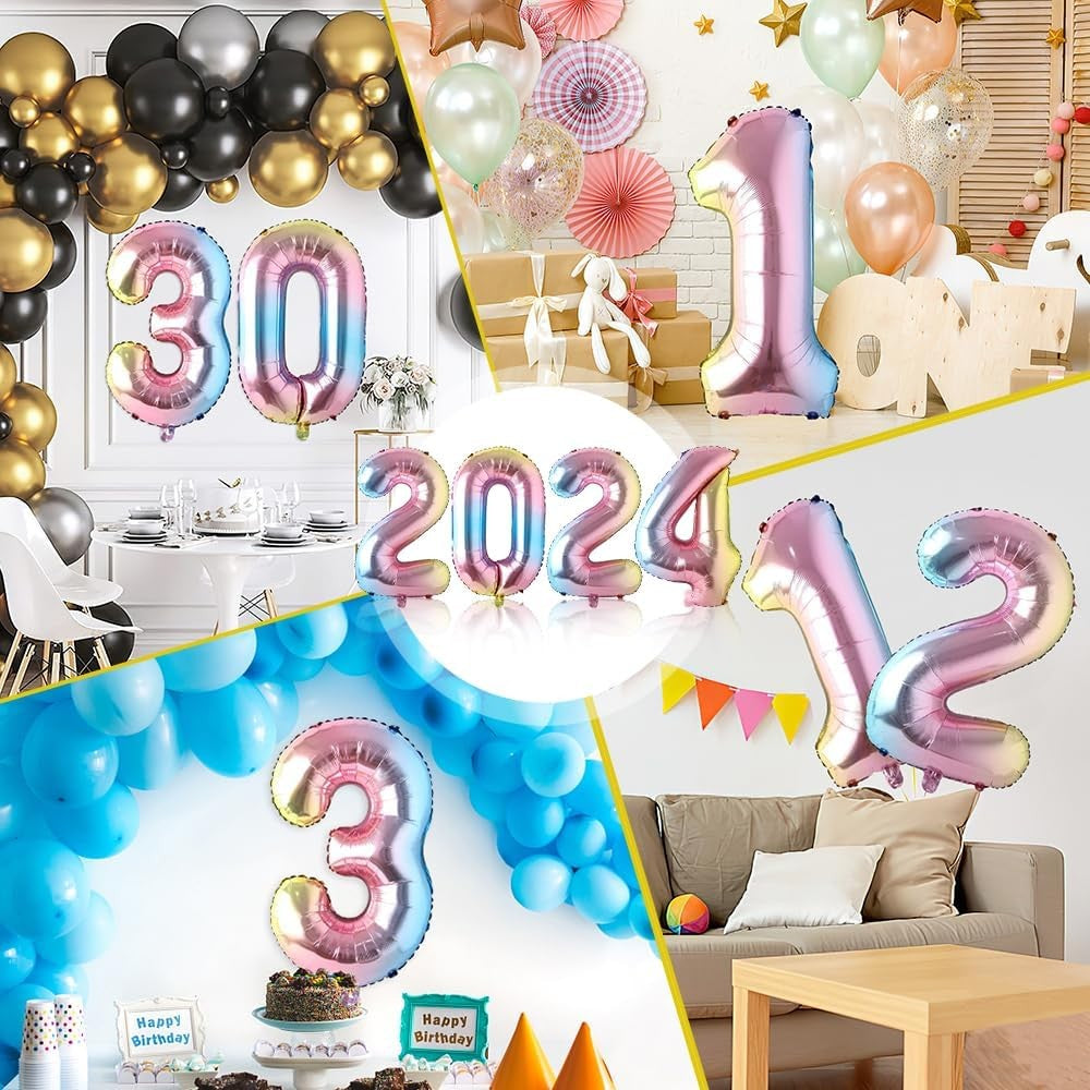 Balon Aniversar Cifra 0, Figurina din Folie Metalizata de Aluminiu, Umflare Aer sau Heliu, include Pai, Multicolor, 40 cm