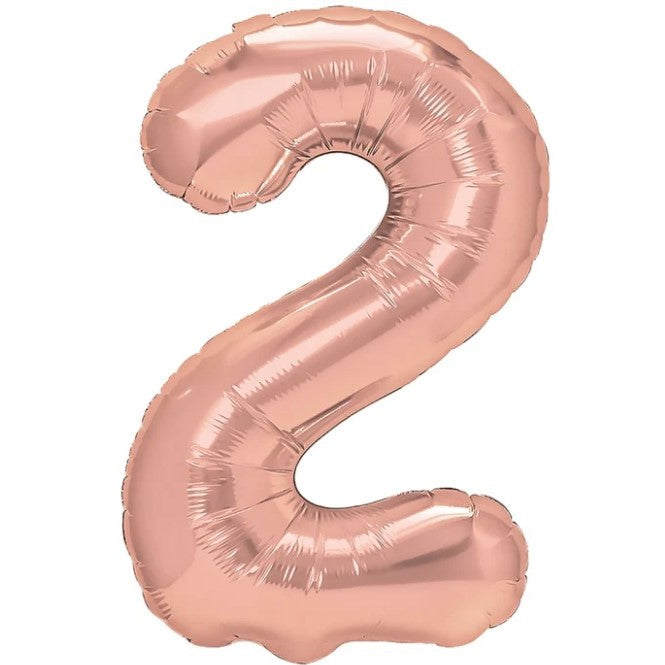 Balon Aniversar Cifra 2, Figurina din Folie Metalizata, Umflare Aer sau Heliu, Pai Inclus, Rose Gold, 40 cm