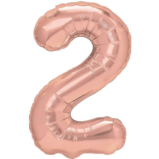 Balon Aniversar Cifra 2, Figurina din Folie Metalizata, Umflare Aer sau Heliu, Pai Inclus, Rose Gold, 40 cm