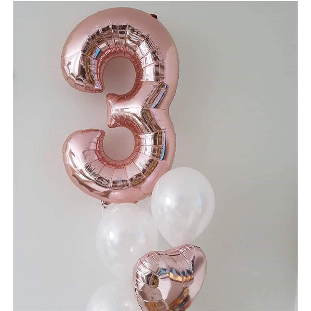 Balon Aniversar Cifra 3, Figurina din Folie Metalizata, Umflare cu Aer sau Heliu, include Pai Umflare, Rose Gold, 40 cm