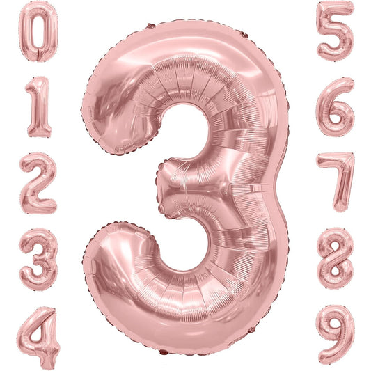 Balon Aniversar Cifra 3, Figurina din Folie Metalizata, Umflare cu Aer sau Heliu, include Pai Umflare, Rose Gold, 40 cm
