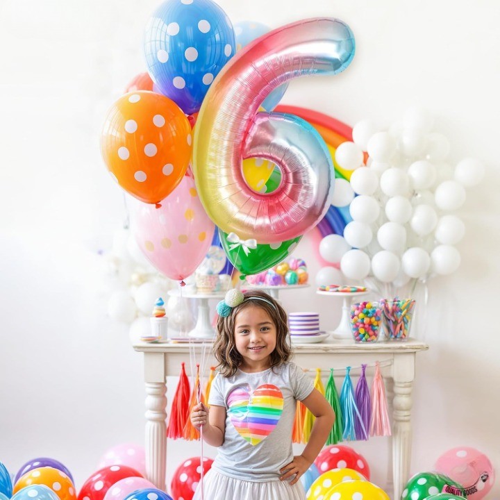 Balon Aniversar Cifra 6, Figurina din Folie Metalizata de Aluminiu, Umflare cu Aer sau Heliu, Include Pai, Multicolor, 40 cm