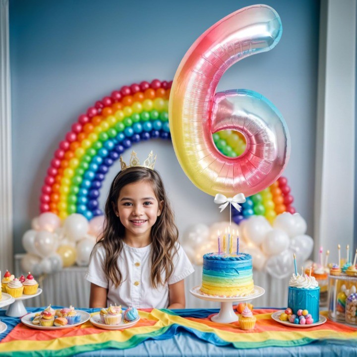 Balon Aniversar Cifra 6, Figurina din Folie Metalizata de Aluminiu, Umflare cu Aer sau Heliu, Include Pai, Multicolor, 40 cm