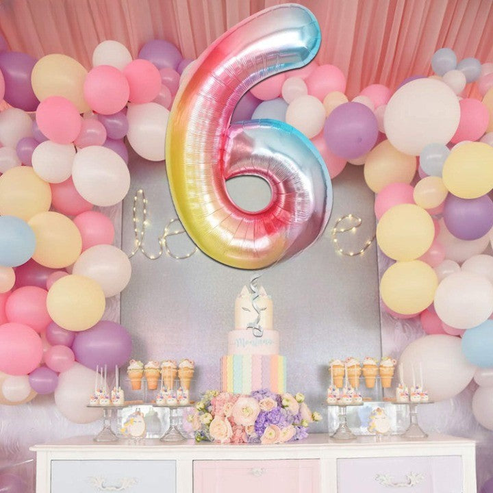 Balon Aniversar Cifra 6, Figurina din Folie Metalizata de Aluminiu, Umflare cu Aer sau Heliu, Include Pai, Multicolor, 40 cm