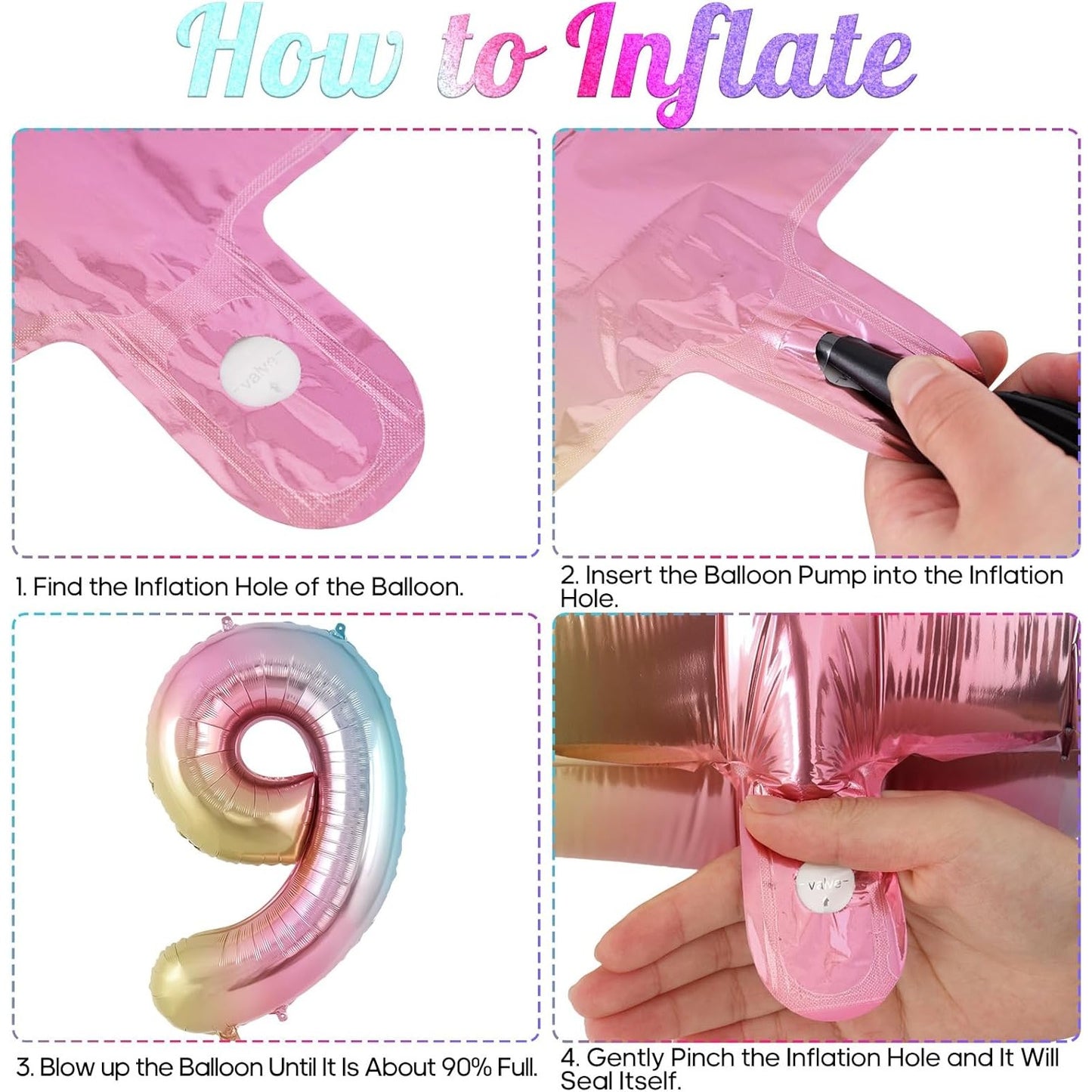 Balon Aniversar Cifra 9, Figurina din Folie de Aluminiu Metalizata, Umflare cu Aer sau Heliu, include Pai pentru Umflare, Multicolor, 40 cm