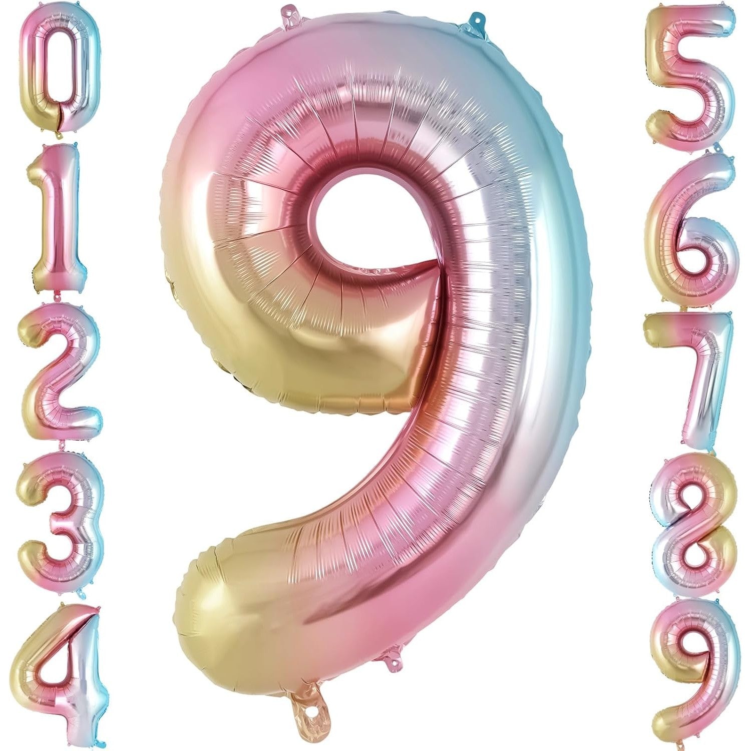 Balon Aniversar Cifra 9, Figurina din Folie de Aluminiu Metalizata, Umflare cu Aer sau Heliu, include Pai pentru Umflare, Multicolor, 40 cm