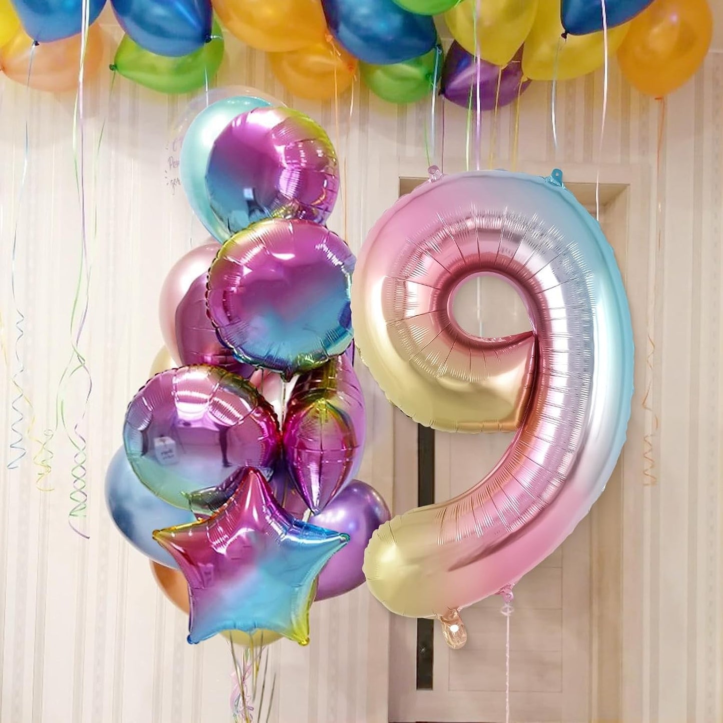 Balon Aniversar Cifra 9, Figurina din Folie de Aluminiu Metalizata, Umflare cu Aer sau Heliu, include Pai pentru Umflare, Multicolor, 40 cm