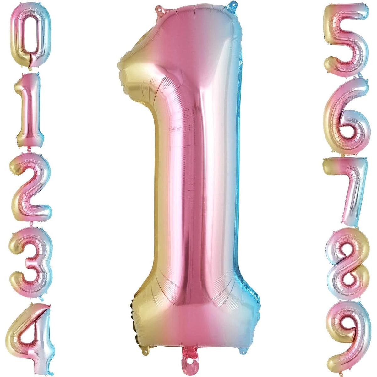 Balon Aniversar Cifra 1, Figurina din Folie Metalizata, Efect Gradient Multicolor, Umflare Aer sau Heliu, Include Pai, 40 cm
