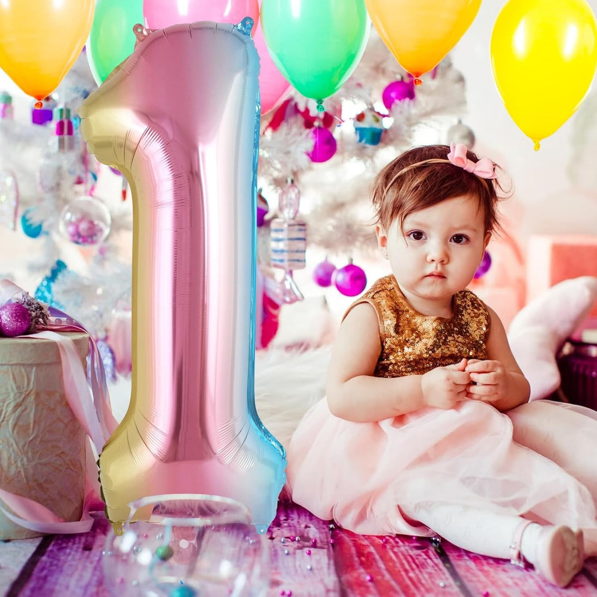 Balon Aniversar Cifra 1, Figurina din Folie Metalizata, Efect Gradient Multicolor, Umflare Aer sau Heliu, Include Pai, 40 cm