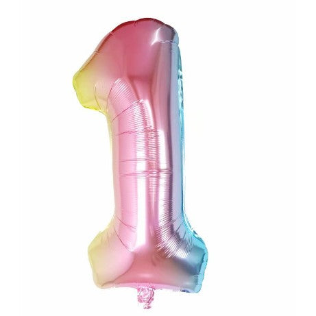 Balon Aniversar Cifra 1, Figurina din Folie Metalizata, Efect Gradient Multicolor, Umflare Aer sau Heliu, Include Pai, 40 cm