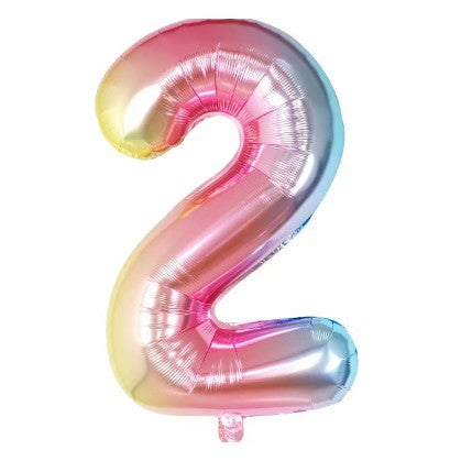 Balon Aniversar Cifra 2, Figurina din Folie Metalizata, Efect Gradient Multicolor, Umflare cu Aer sau Heliu, Inaltime 40 cm, Pai Inclus