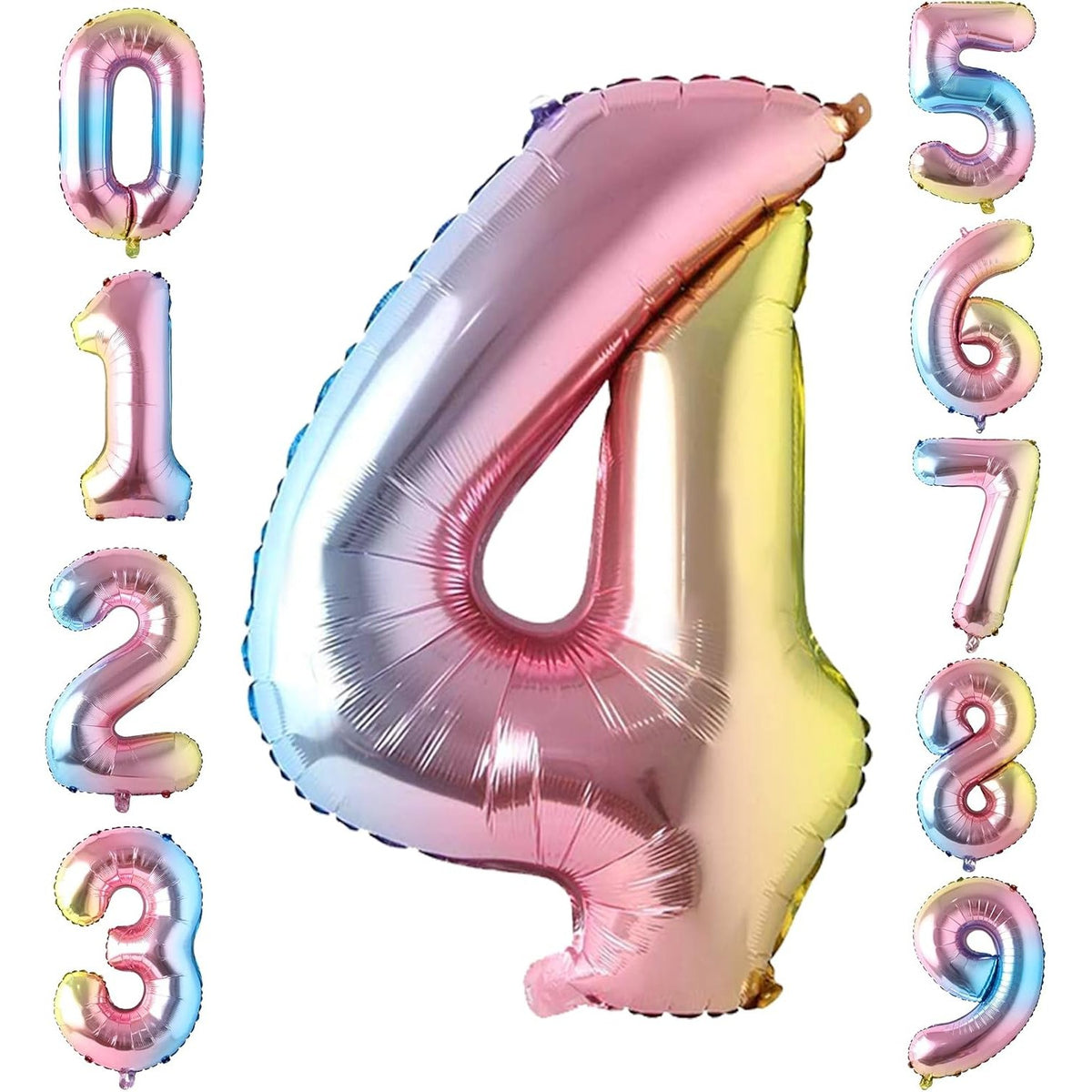 Balon Aniversar Cifra 4, Figurina din Folie de Aluminiu, Umflare Aer sau Heliu, include Pai Umflare, Multicolor, 40 cm