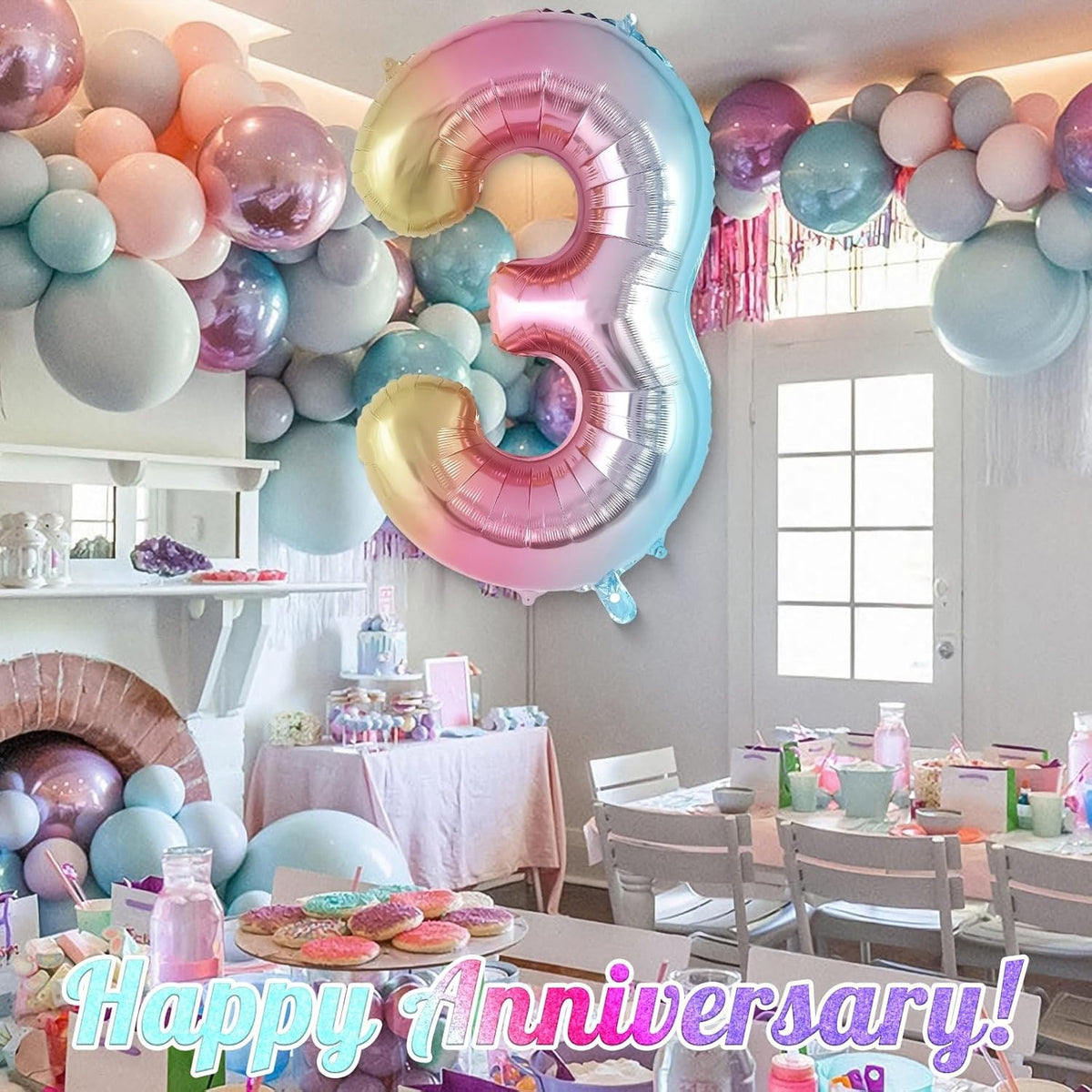 Balon Aniversar Cifra 3, Figurina din Folie Metalizata, Efect Gradient, Umflare Aer sau Heliu, Pai Inclus, Multicolor, 40 cm
