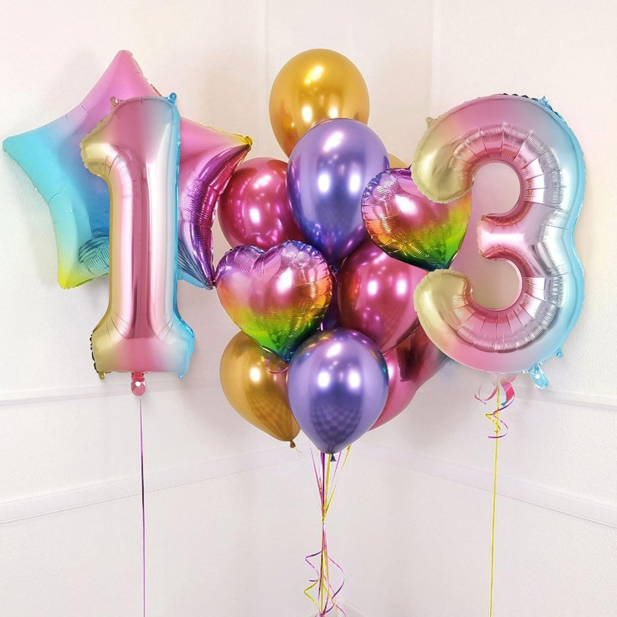 Balon Aniversar Cifra 3, Figurina din Folie Metalizata, Efect Gradient, Umflare Aer sau Heliu, Pai Inclus, Multicolor, 40 cm