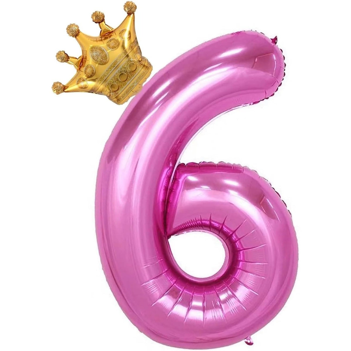 Balon Aniversar Cifra 6 cu Coroana, Figurina Gigant pentru Petrecere, Folie Metalizata, Umflare Aer sau Heliu, Include Pai, 100 cm, Roz