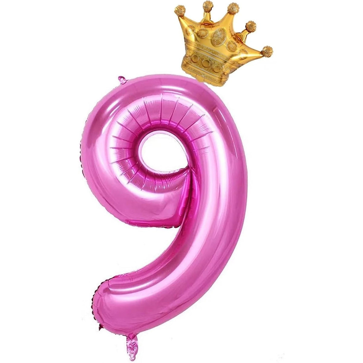 Balon Aniversar Cifra 9 cu Coroana, Figurina Uriasa din Folie Metalizata, Umflare Aer sau Heliu, Inaltime 100 cm, Roz, Pai de Umflare Inclus