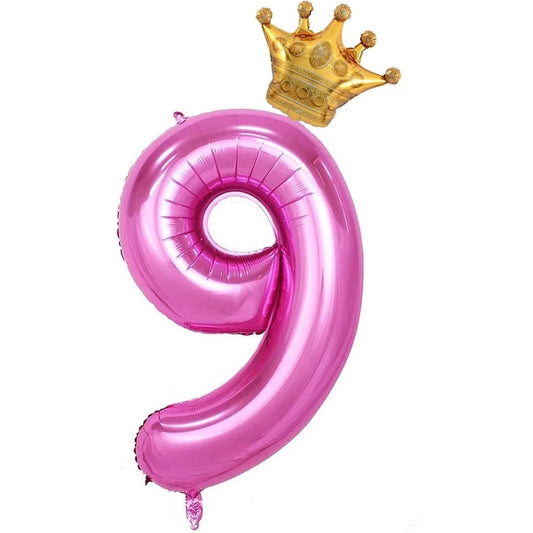Balon Aniversar Cifra 9 cu Coroana, Figurina Uriasa din Folie Metalizata, Umflare Aer sau Heliu, Inaltime 100 cm, Roz, Pai de Umflare Inclus