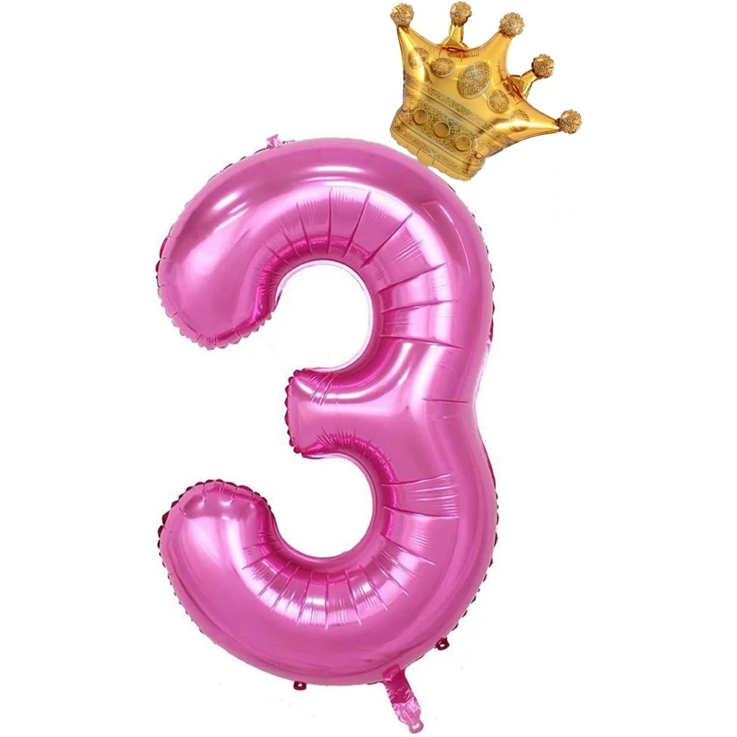 Balon Folie Metalizata Cifra 3 cu Coroana, Figurina Aniversara Gigant pentru Aer sau Heliu, Aluminiu, Roz, 100 cm