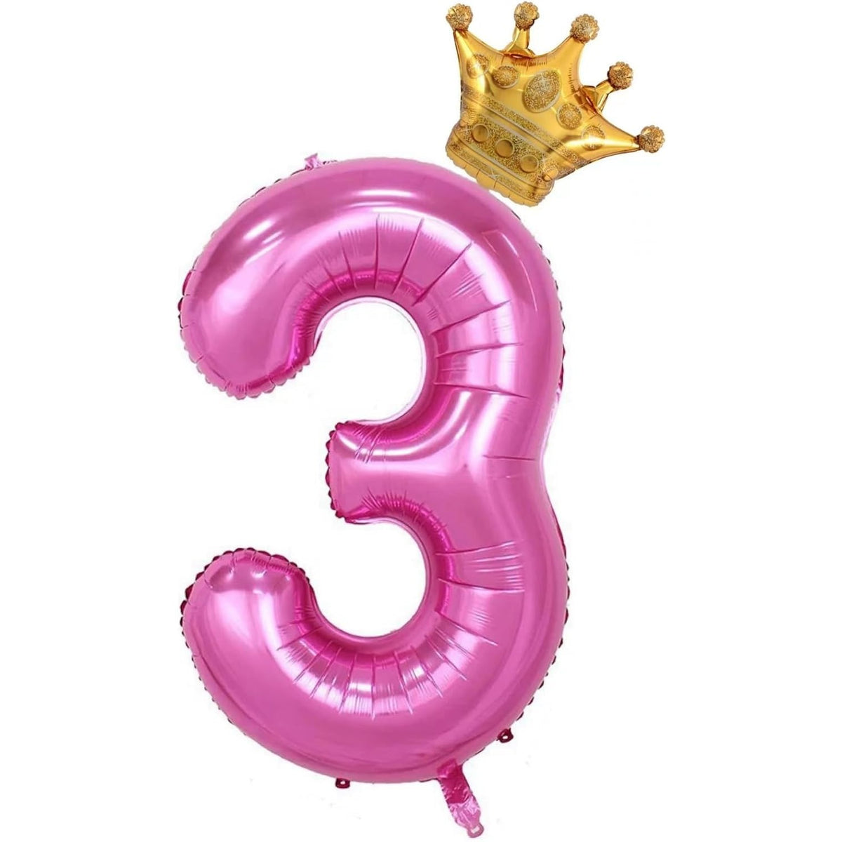 Balon Folie Metalizata Cifra 3 cu Coroana, Figurina Aniversara Gigant pentru Aer sau Heliu, Aluminiu, Roz, 100 cm