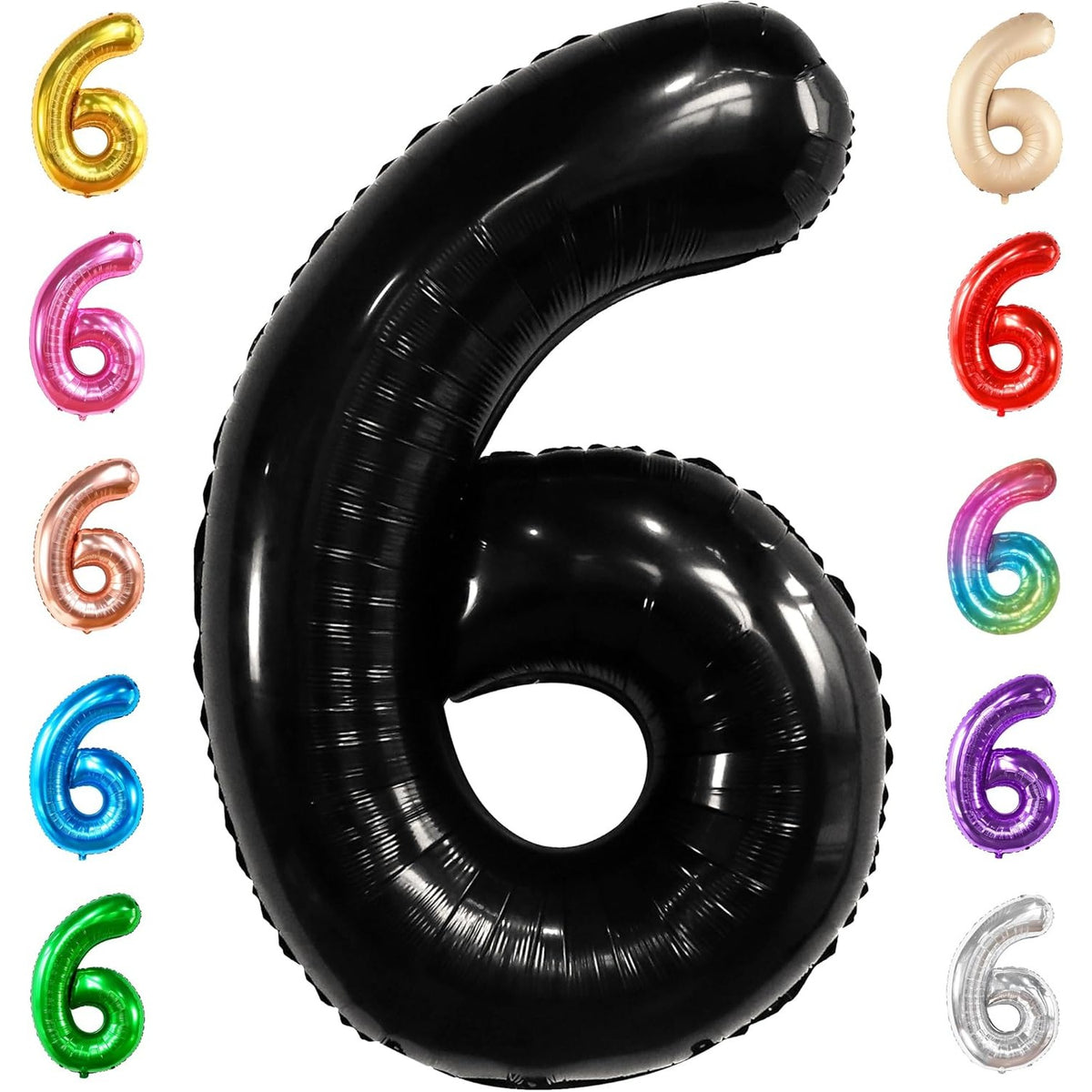 Balon Aniversar Cifra 6, Figurina din Folie Metalizata, Umflare Aer sau Heliu, Set cu Pai Inclus, Negru, 40 cm