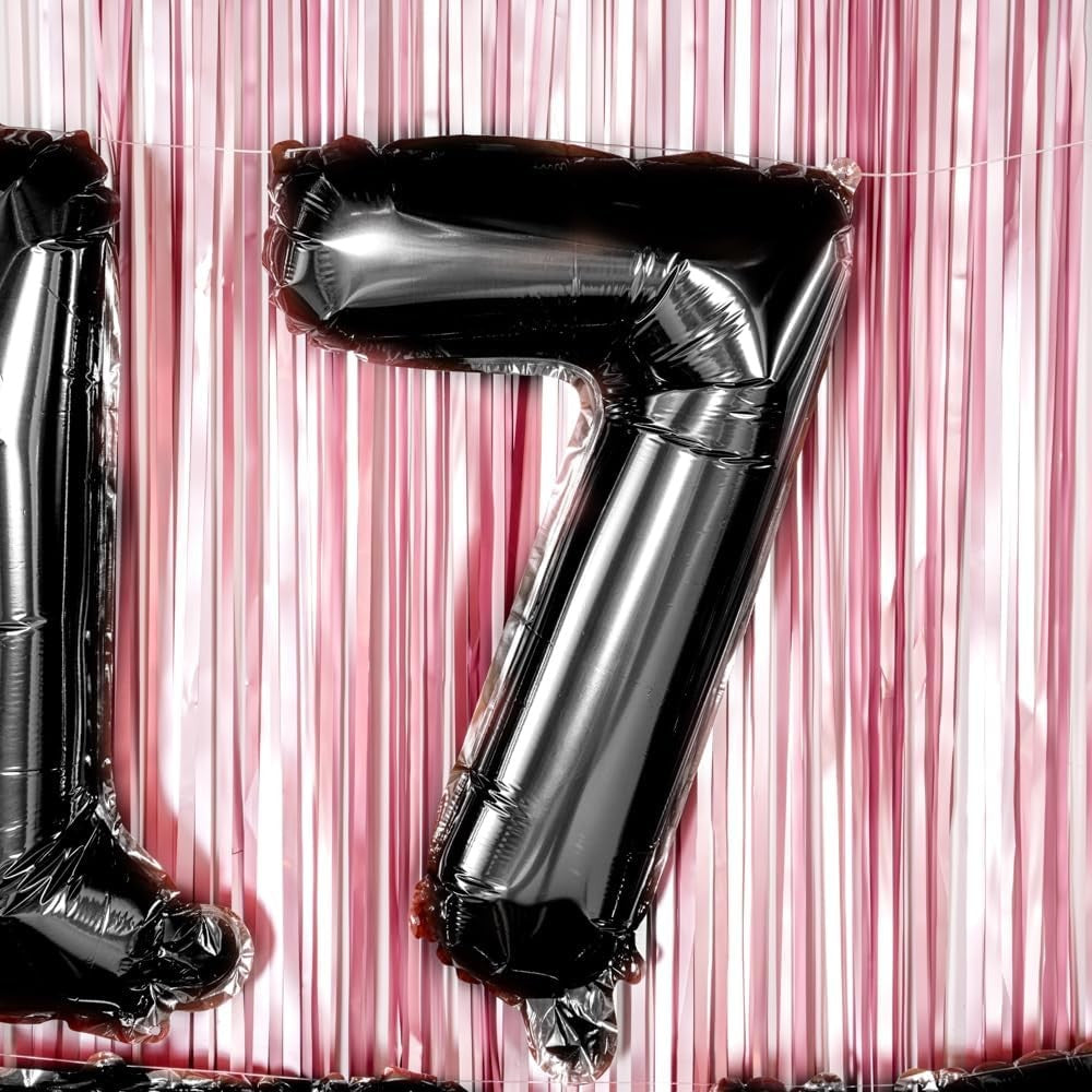 Balon Aniversar Cifra 7, Figurina din Folie Metalizata, Umflare cu Aer sau Heliu, Include Pai, Negru, 40 cm
