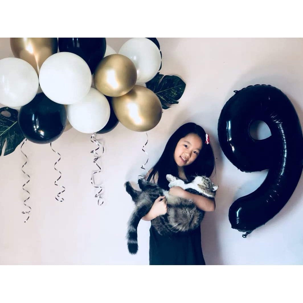 Balon Aniversar Cifra 9 din Folie Metalizata, Figurina pentru Petrecere, Umflare cu Aer sau Heliu, include Pai de Umflare, 40 cm, Negru
