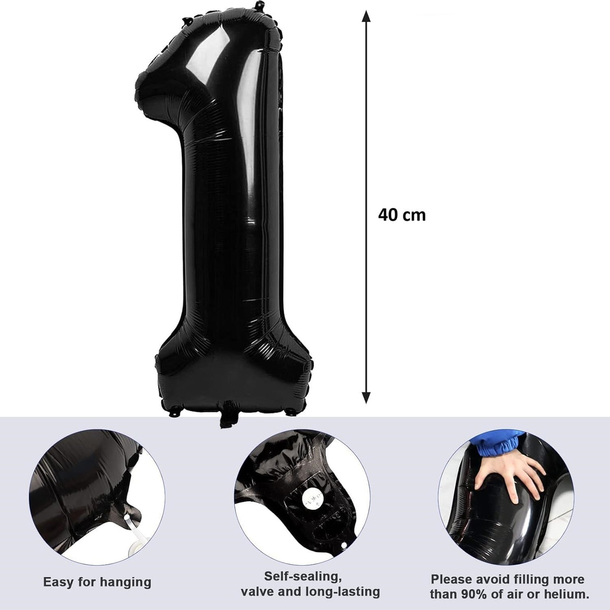 Balon Aniversar Cifra 1, Figurina din Folie Metalizata, Umflare Aer sau Heliu, Pai Inclus, 40 cm, Negru