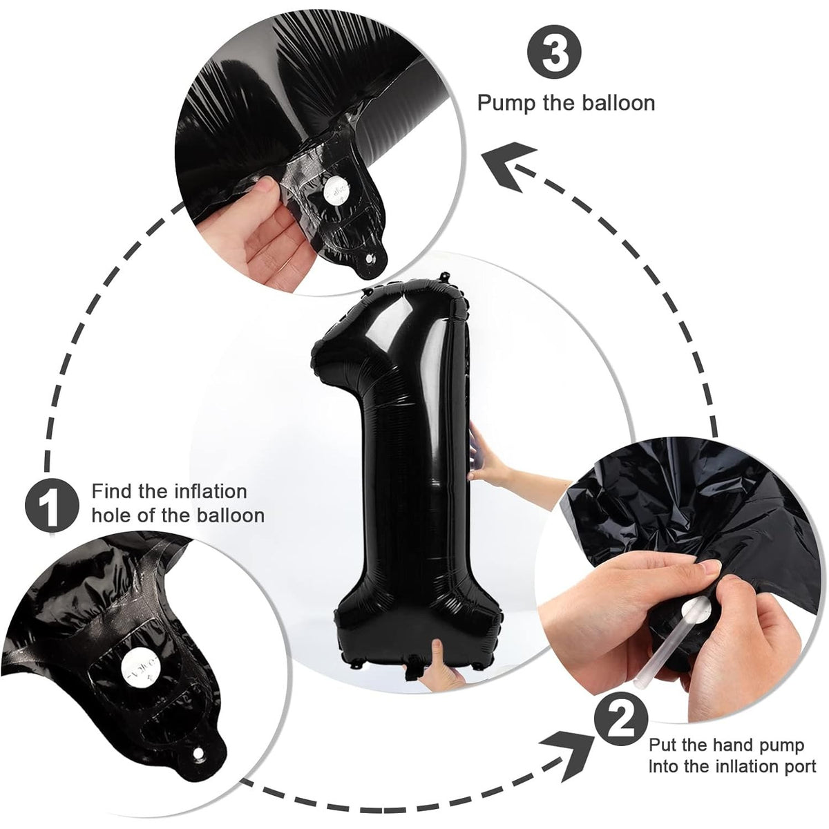 Balon Aniversar Cifra 1, Figurina din Folie Metalizata, Umflare Aer sau Heliu, Pai Inclus, 40 cm, Negru