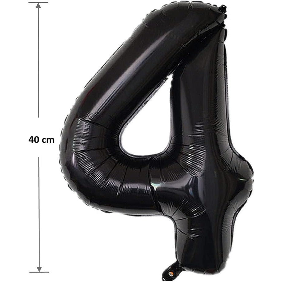 Balon Aniversar Cifra 4, Figurina din Folie Metalizata, Umflare cu Aer sau Heliu, Pai Inclus, Negru, 40 cm