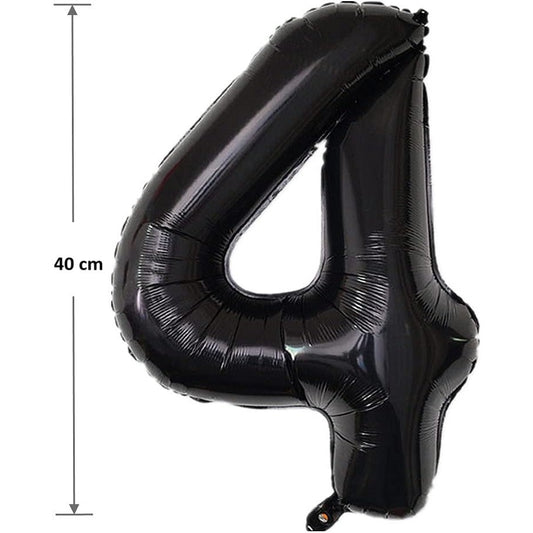 Balon Aniversar Cifra 4, Figurina din Folie Metalizata, Umflare cu Aer sau Heliu, Pai Inclus, Negru, 40 cm
