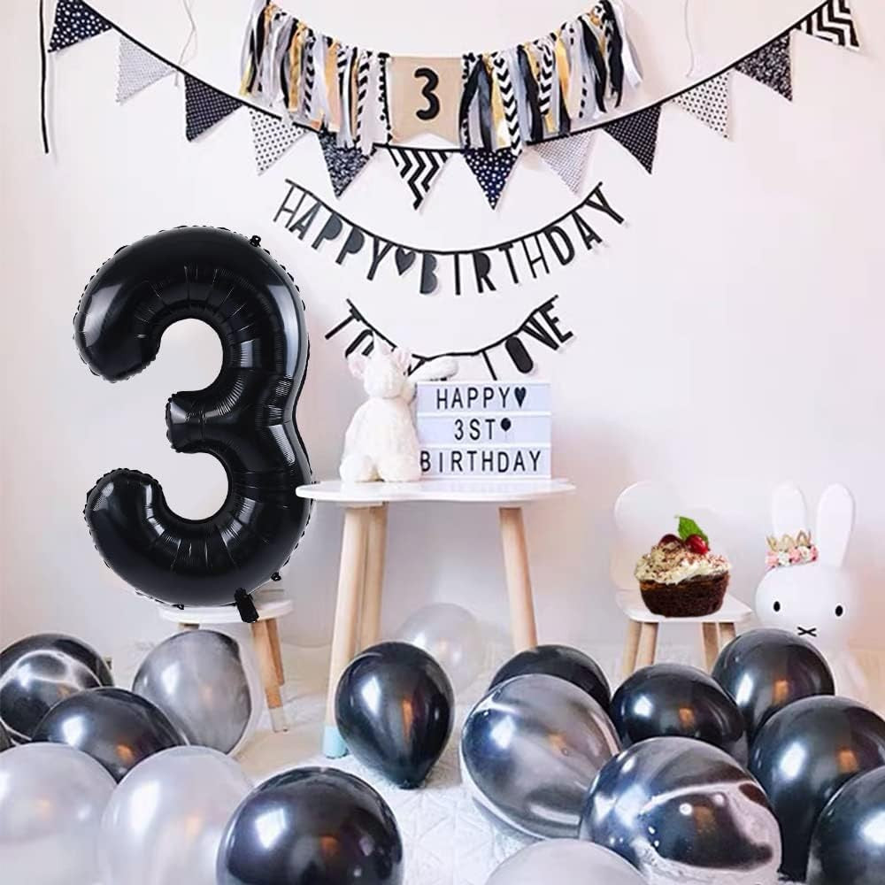 Balon Aniversar Cifra 3, Figurina din Folie Metalizata de Aluminiu, Umflare Aer sau Heliu, 40 cm, Negru
