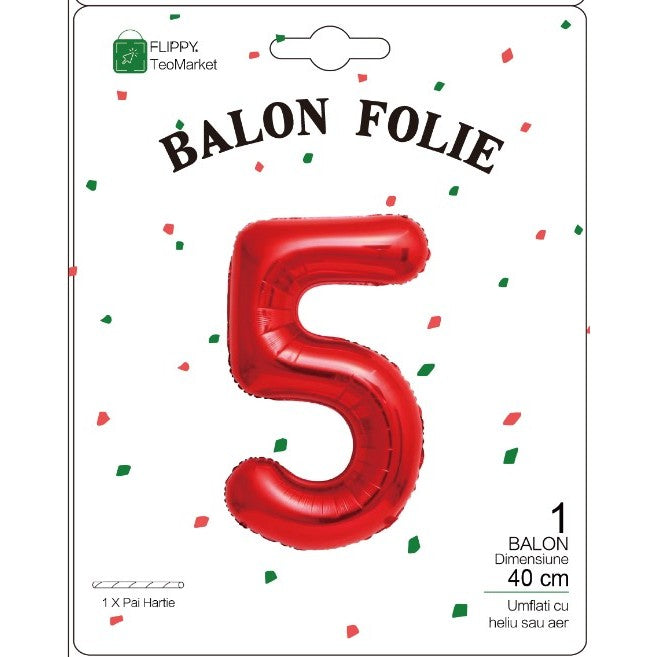 Balon Aniversar Cifra 5, Figurina Petrecere, Umflare Aer sau Heliu, Folie de Aluminiu Metalizata, Include Pai, 40 cm, Rosu
