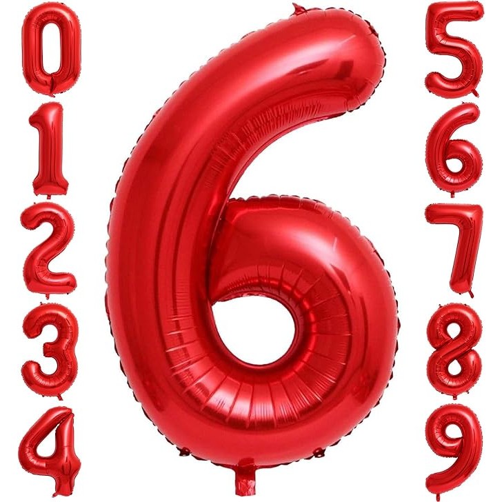 Balon Aniversar Cifra 6, Figurina din Folie Metalizata, Umflare cu Aer sau Heliu, Include Pai, Rosu, 40 cm