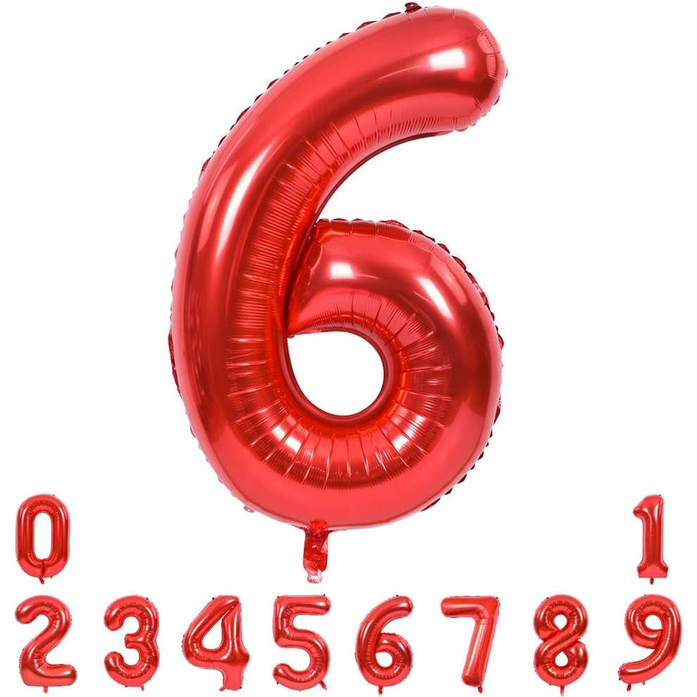 Balon Aniversar Cifra 6, Figurina din Folie Metalizata, Umflare cu Aer sau Heliu, Include Pai, Rosu, 40 cm