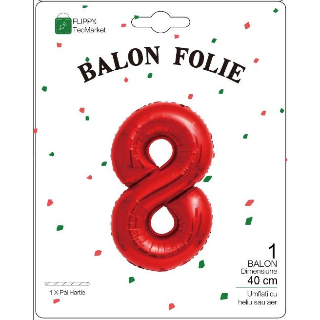 Balon Aniversar Cifra 8, Figurina din Folie Metalizata, Umflare cu Aer sau Heliu, include Pai, Rosu, 40 cm