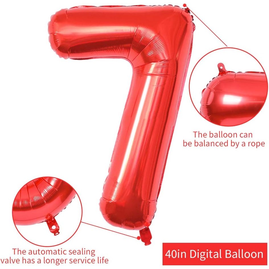 Balon Aniversar Cifra 7, Figurina din Folie Metalizata, Decor Petrecere, Umflare Aer sau Heliu, Include Pai, 40 cm, Rosu
