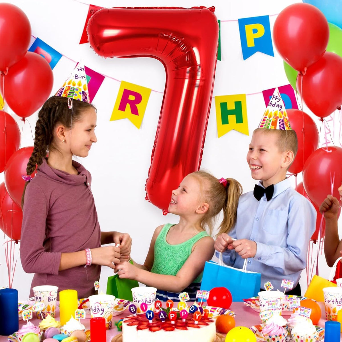 Balon Aniversar Cifra 7, Figurina din Folie Metalizata, Decor Petrecere, Umflare Aer sau Heliu, Include Pai, 40 cm, Rosu