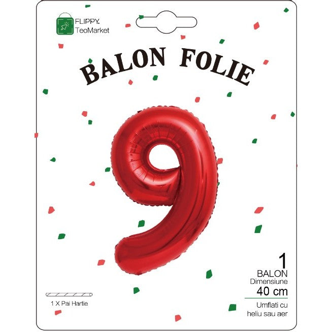 Balon Aniversar Cifra 9, Figurina din Folie Metalizata, Umflare Aer sau Heliu, include Pai Umflare, Rosu, 40 cm