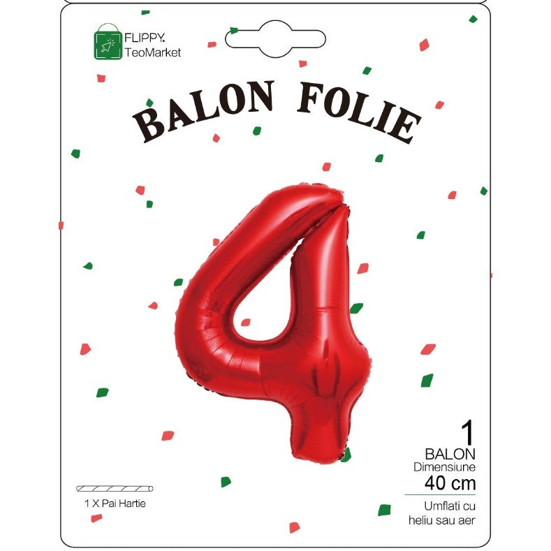 Balon Aniversar Cifra 4, Figurina din Folie Metalizata, Umflare cu Aer sau Heliu, include Pai de Umflare, Rosu, 40 cm