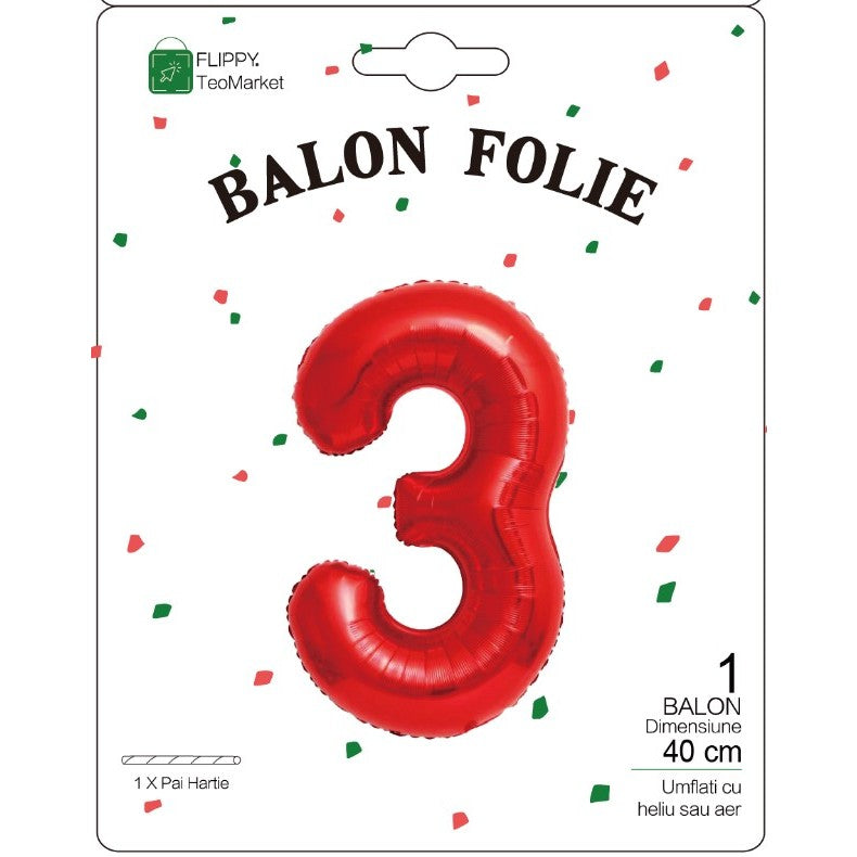 Balon Aniversar Cifra 3, Figurina din Folie Metalizata, Umflare cu Aer sau Heliu, Pai Inclus, Rosu, 40 cm