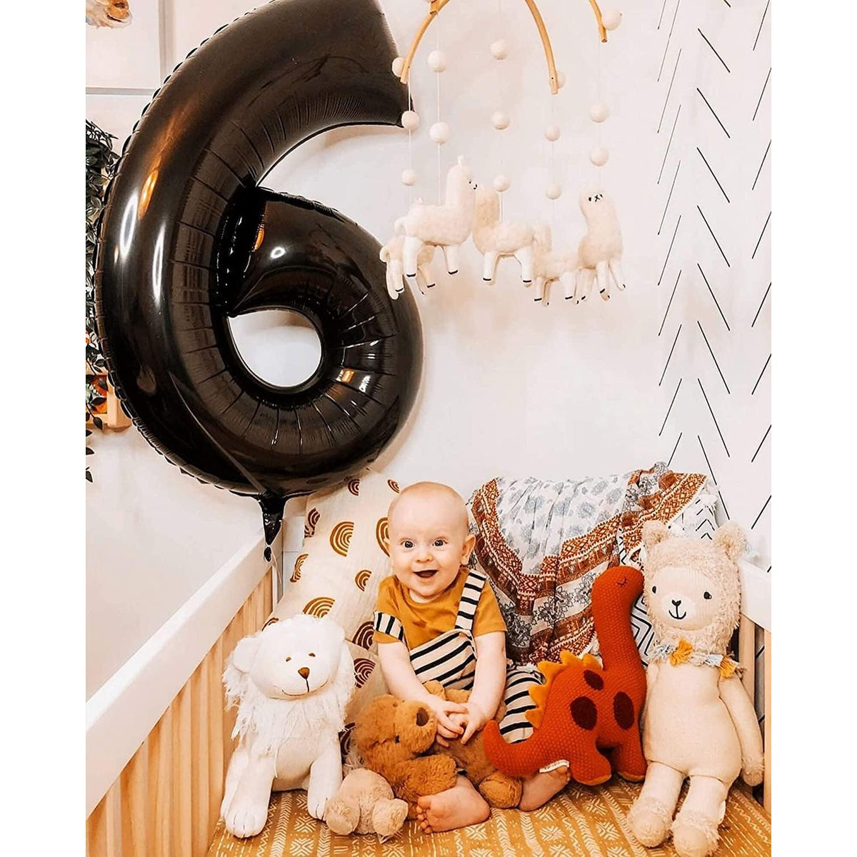 Balon Aniversar Cifra 6, Figurina din Folie Metalizata, Umflare cu Aer sau Heliu, include Pai, 80 cm, Negru