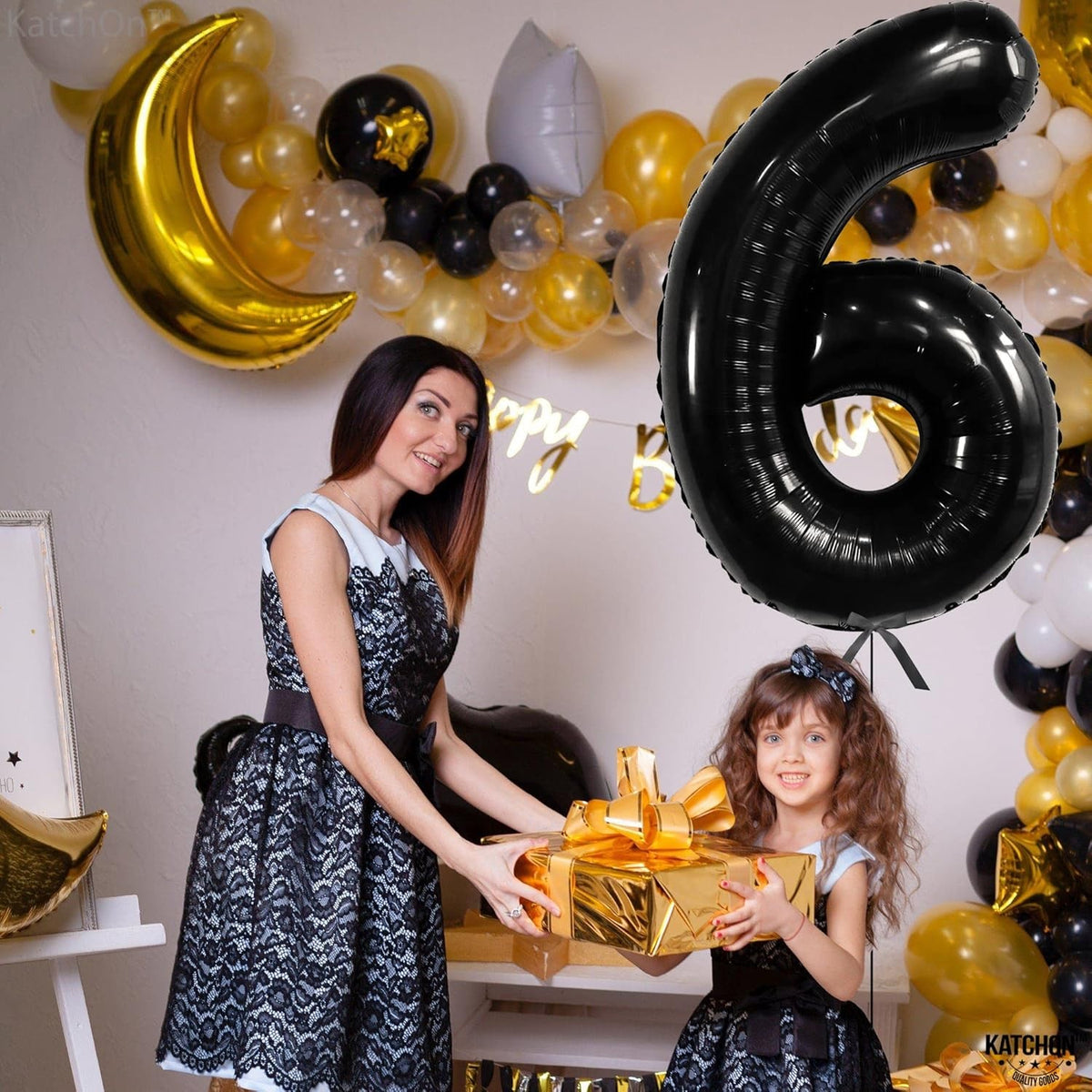 Balon Aniversar Cifra 6, Figurina din Folie Metalizata, Umflare cu Aer sau Heliu, include Pai, 80 cm, Negru